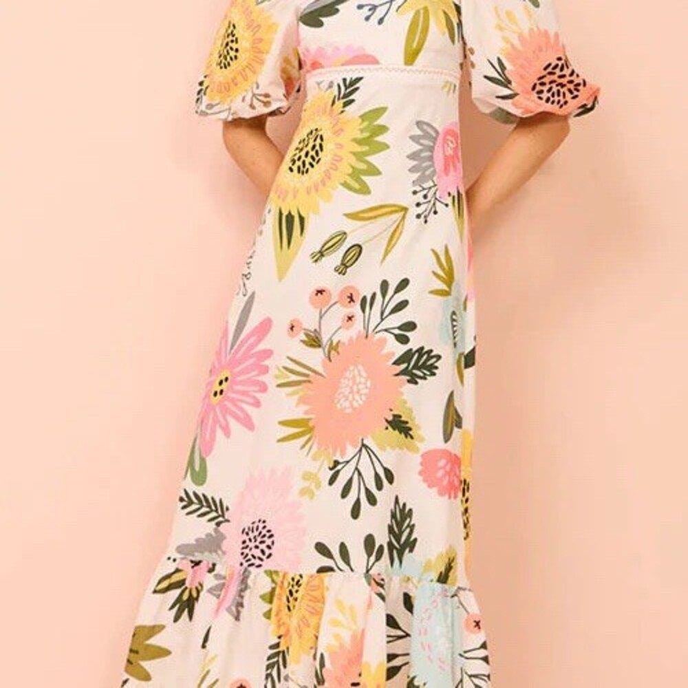 Margovil Maxi Dress Womens Size M Ivory Floral Square Neck Puff Sleeve